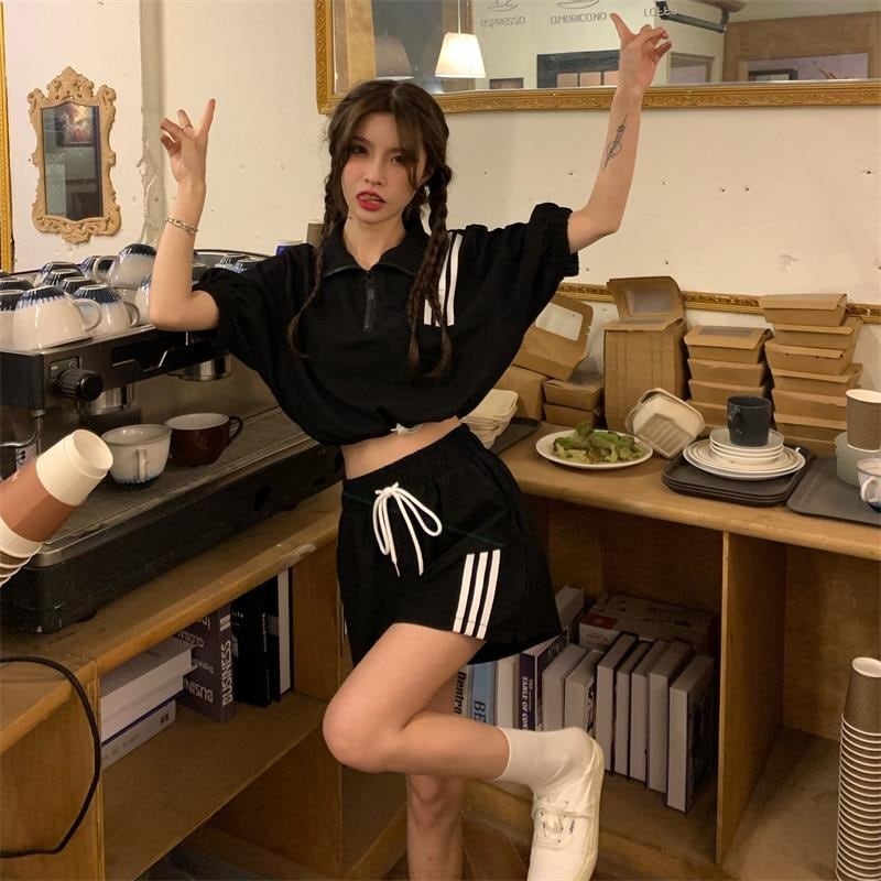 【set】INS風カジュアル気質満点POLOネックトップス+ショートパンツレディース２点セット G13533