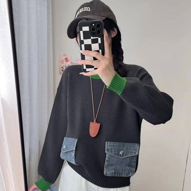 【tops】デニムポケット付きセーター Q6363