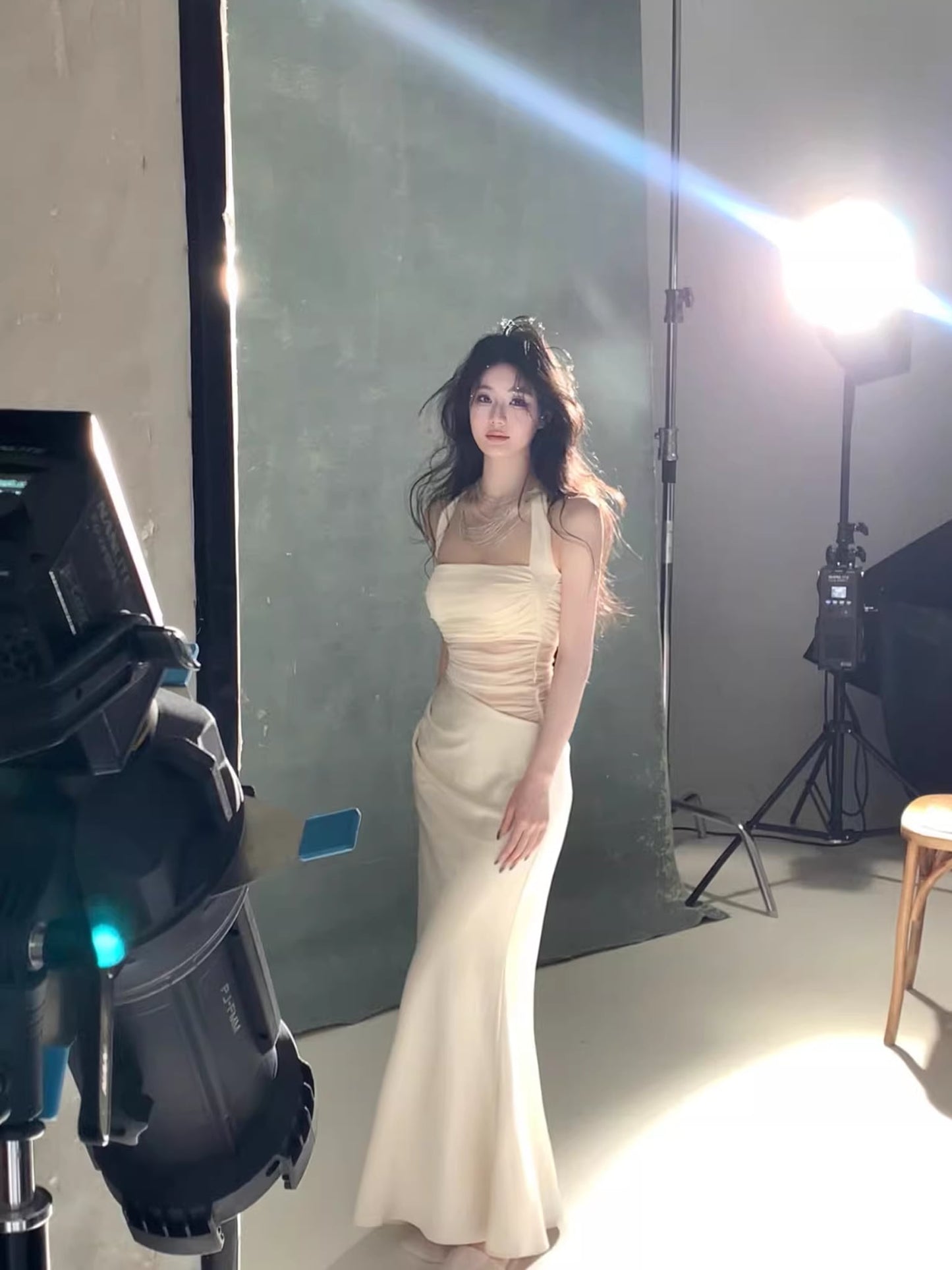 【dress】チュールドッキングホルターネックロングワンピース Q7985
