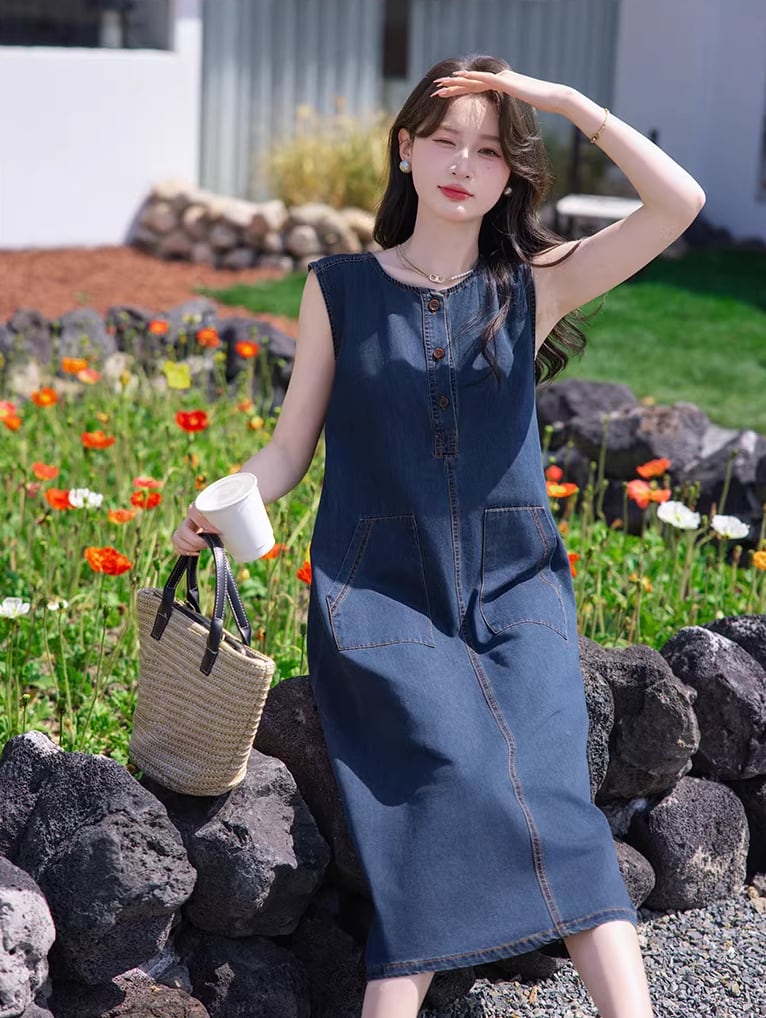 【dress】ポケット付きデニムベストワンピース Q8419