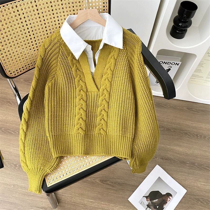 【tops】フェイクレイヤードニットトップス Q6986