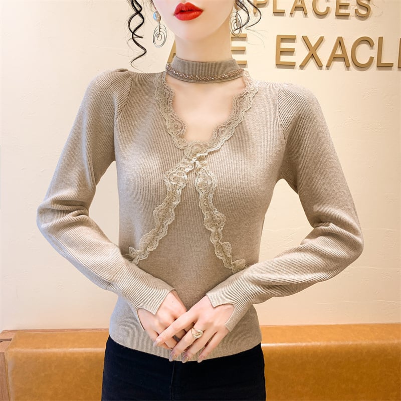 【tops】ビジューレース切り替えニットトップス　M27732