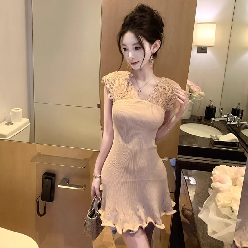 【dress】ノースリーブレースドッキングミニワンピース Q8469