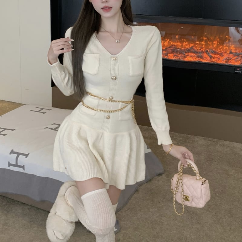 【dress】Vネックフレアニットワンピース Q7515