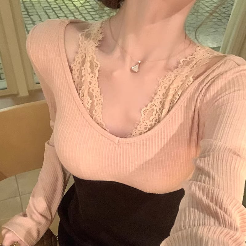 【dress】レースドッキングロングニットワンピース Q7853
