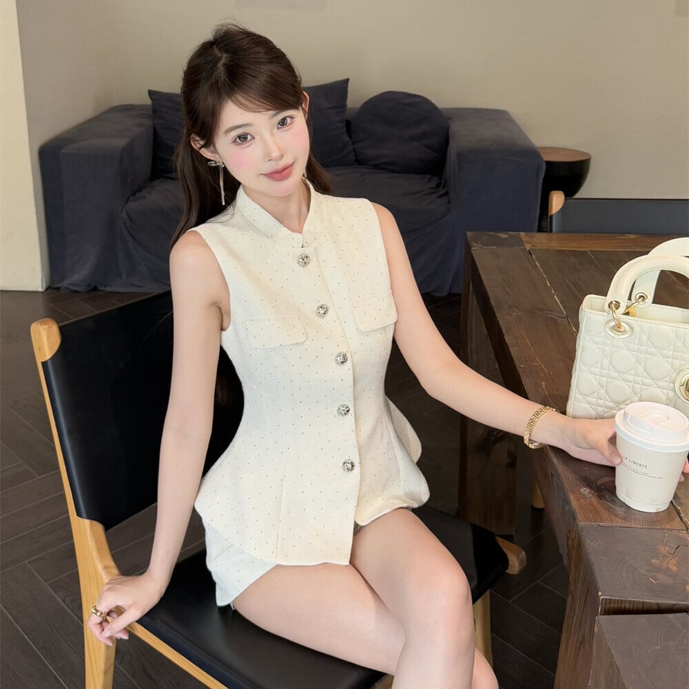 【set】ペプラムノースリーブトップス×ショートパンツセット     N3561