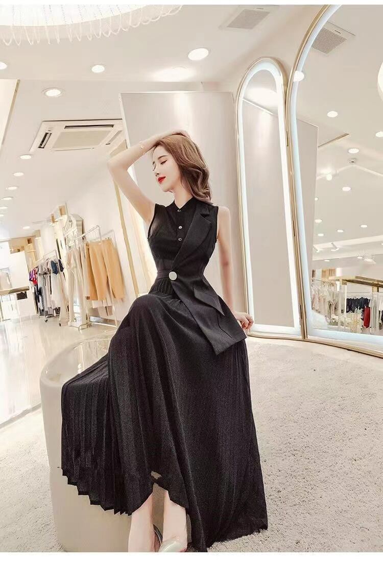 【dress】知的で品の良いノースリーブ無地切り替えウェスト絞りプリーツイレギュラーワンピースF2692