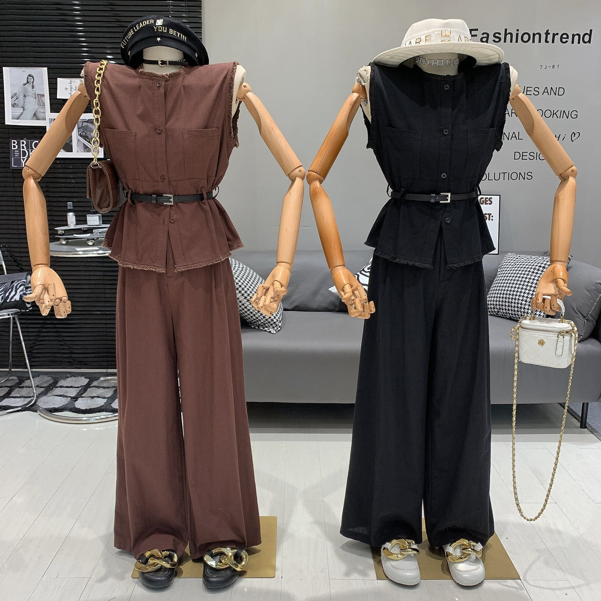 【set】ノースリーブトップス+ワイドパンツセットベルト付き　M24993