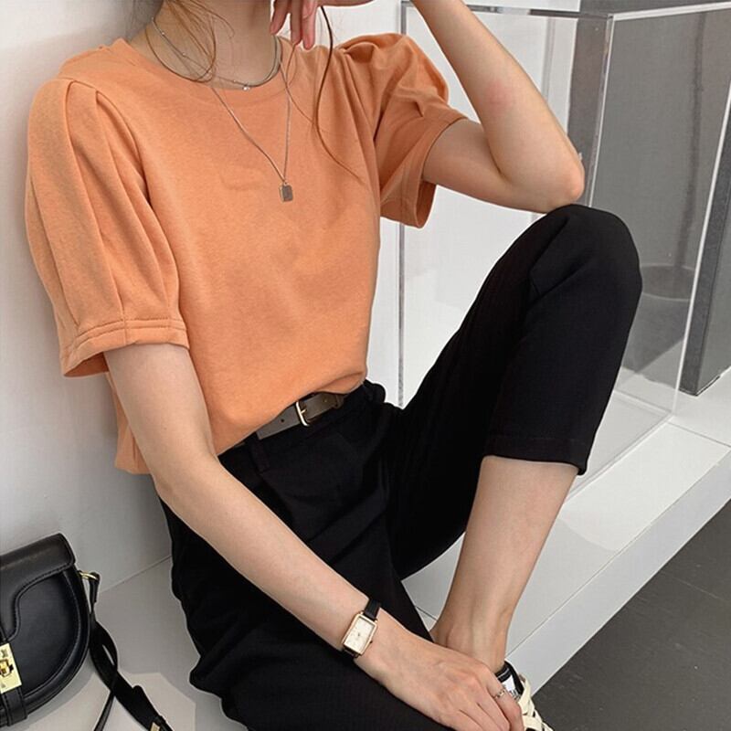 【tops】選べる4色！ラウンドネックパフスリーブ半袖無地ファッションTシャツF0057