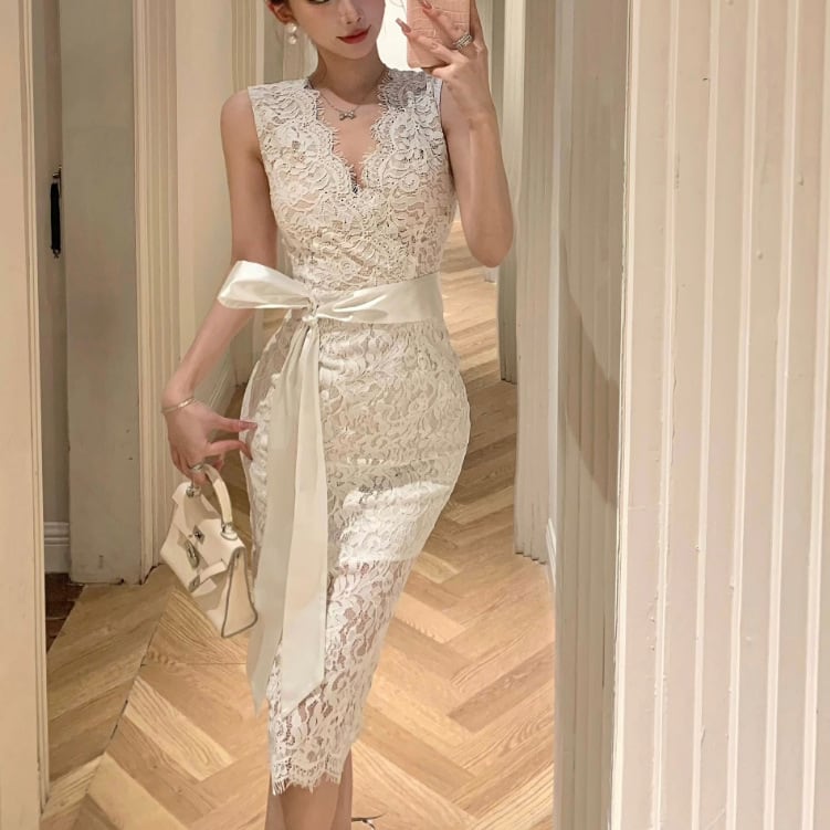 【dress】Vネックレースタイトワンピース G21008