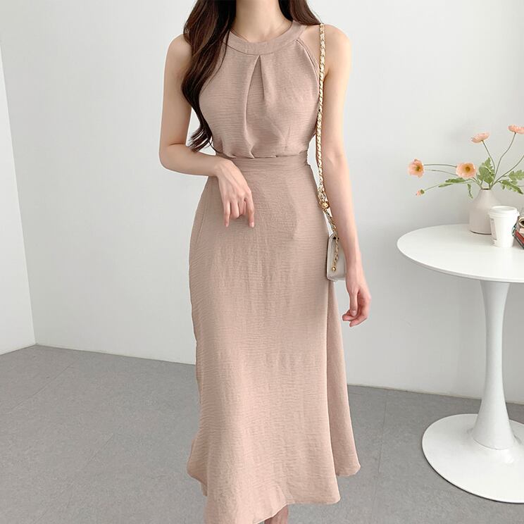 【set】ラウンドネック無地タンクトップ+スカート通勤日常セットアップF5158