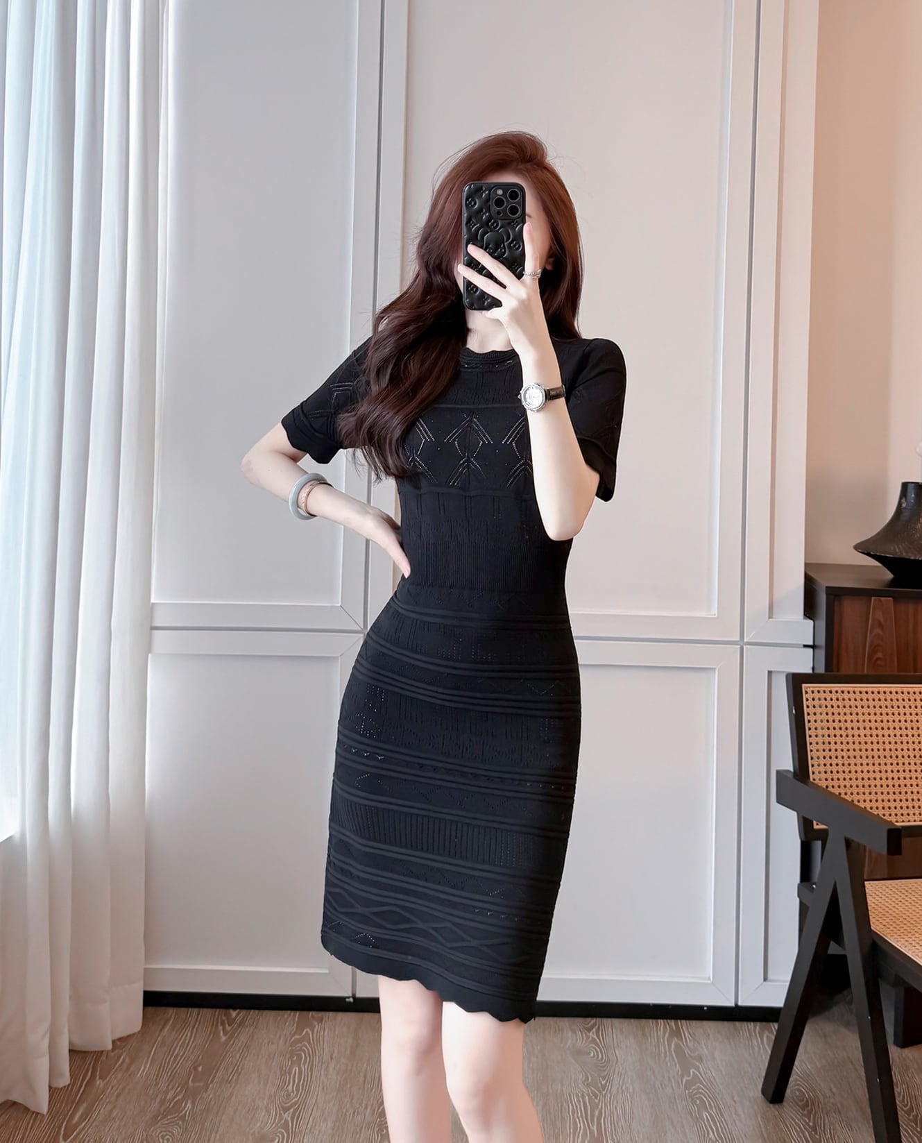 【dress】半袖透かし編みニットワンピース Q8492