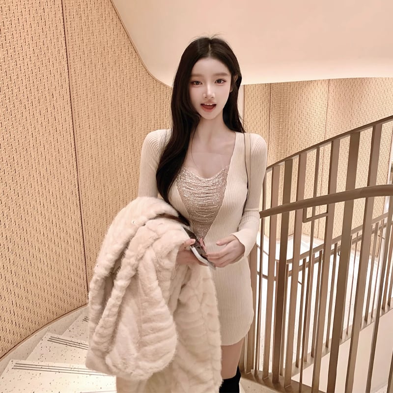 【dress】ビーズチェーンドッキングニットワンピース Q7647