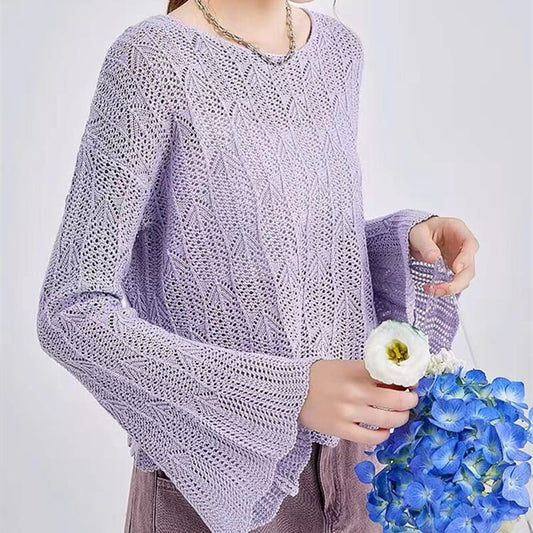 【tops】フレアスリーブ透かし彫りニットトップスG20244