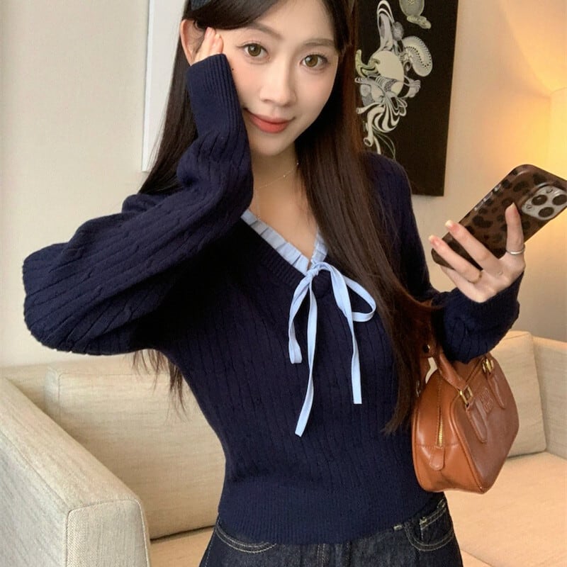 【tops】Vネックリボン付きニットトップス　M27739