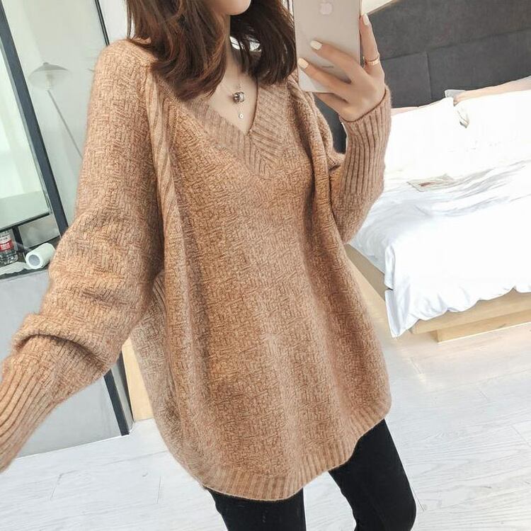 【tops】オシャレ度満点〜秋新作ラウンドネック長袖不規則無地ゆったり着回しニットセーターF0841