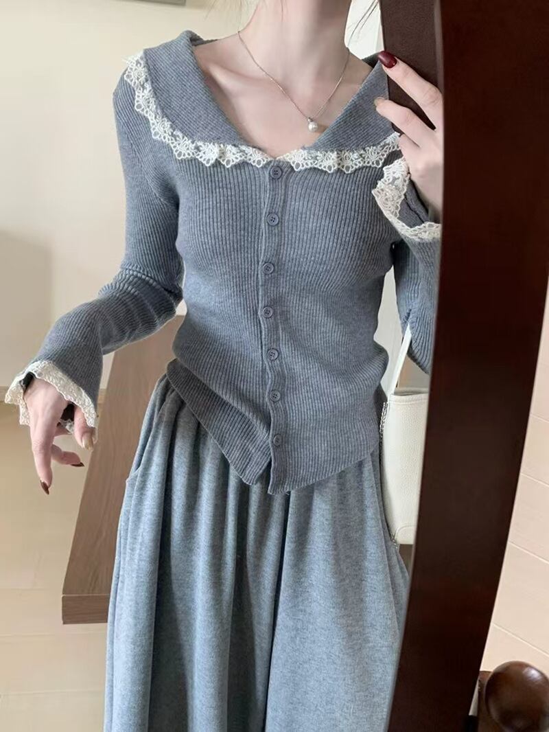【tops】レース切り替えニットカーデ　M27552