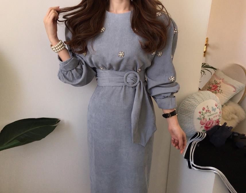 【dress】 韓国系気質満点レトロスウィートパフスリーブ着痩せコールテンワンピース G1775