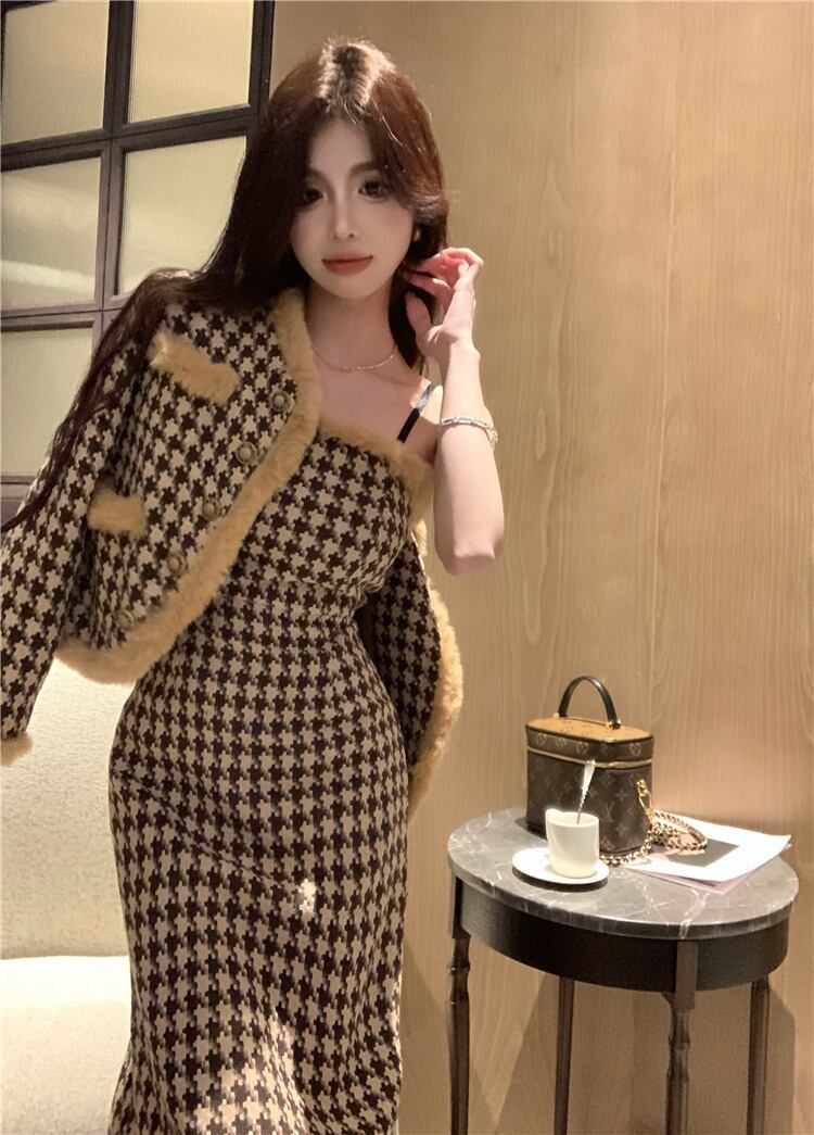 【set】千鳥格子ショートコート×キャミワンピースセット　M28261