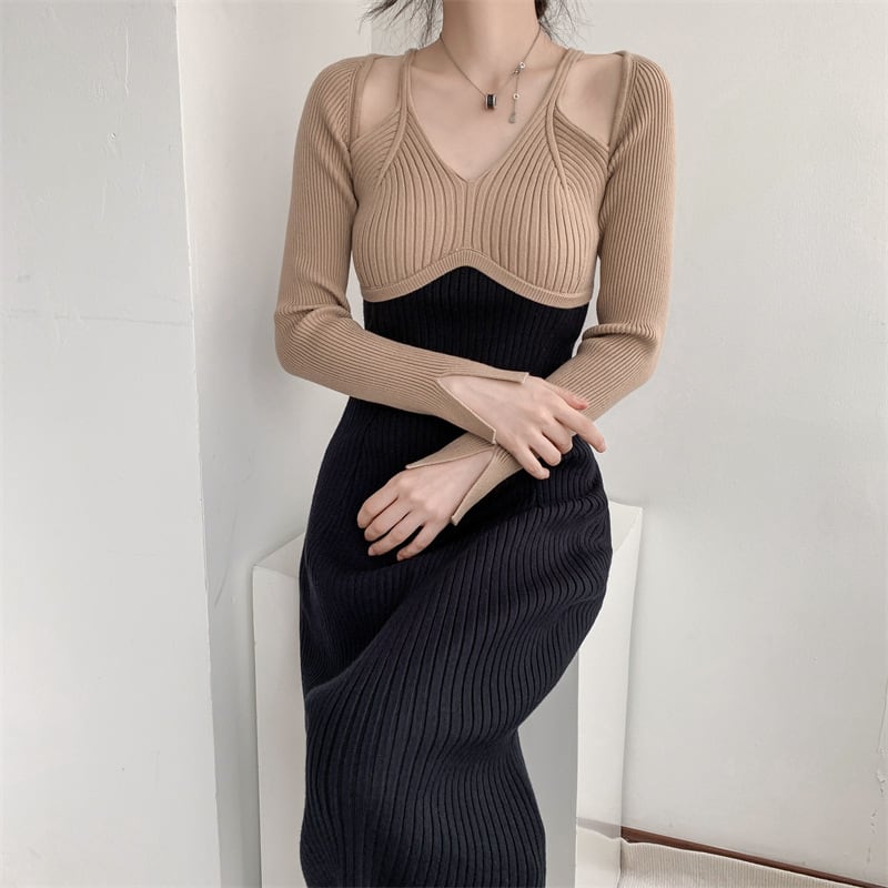【dress】配色ニットワンピース　M25545