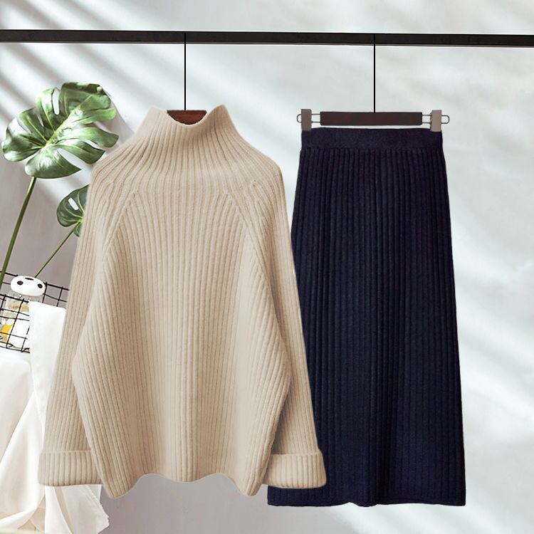 【set】気質満点オシャレ着痩せ長袖ニットセーター+スカート２点セット G4099