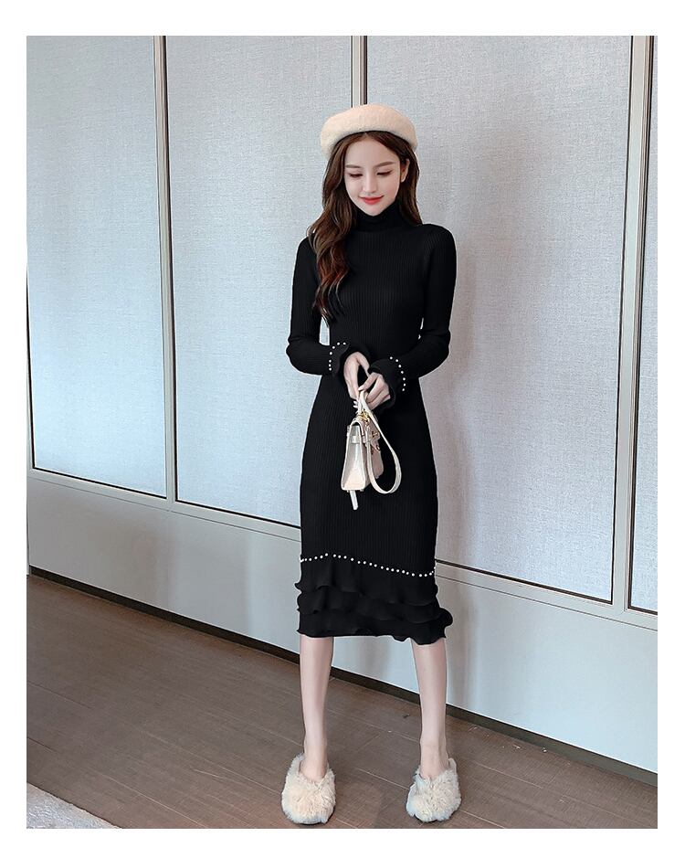 【dress】エレガント!気質満点レトロ体型カバー秋冬新作フリルニットワンピース G3729