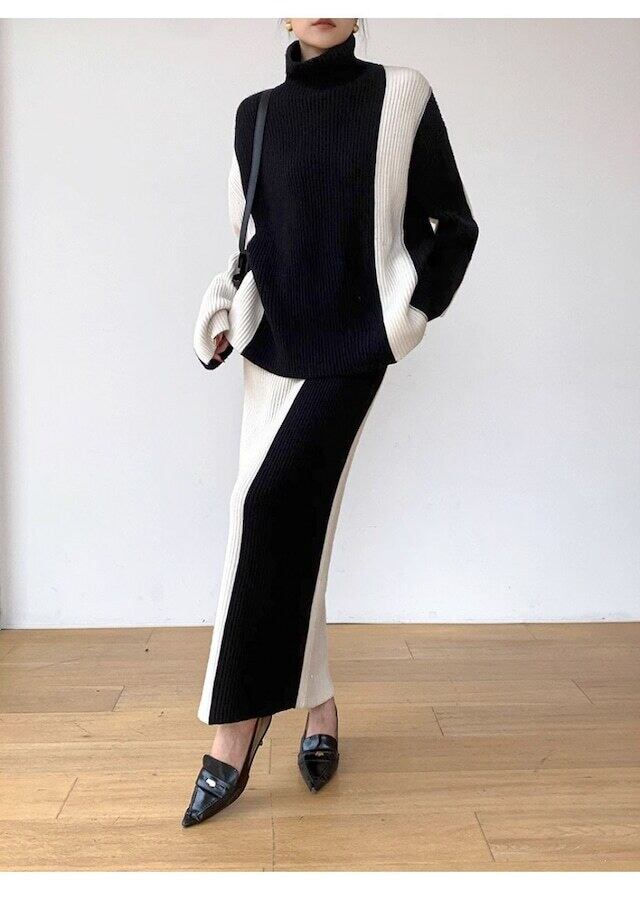 【set】ハイネックセーター+スカート配色２点セット F6295