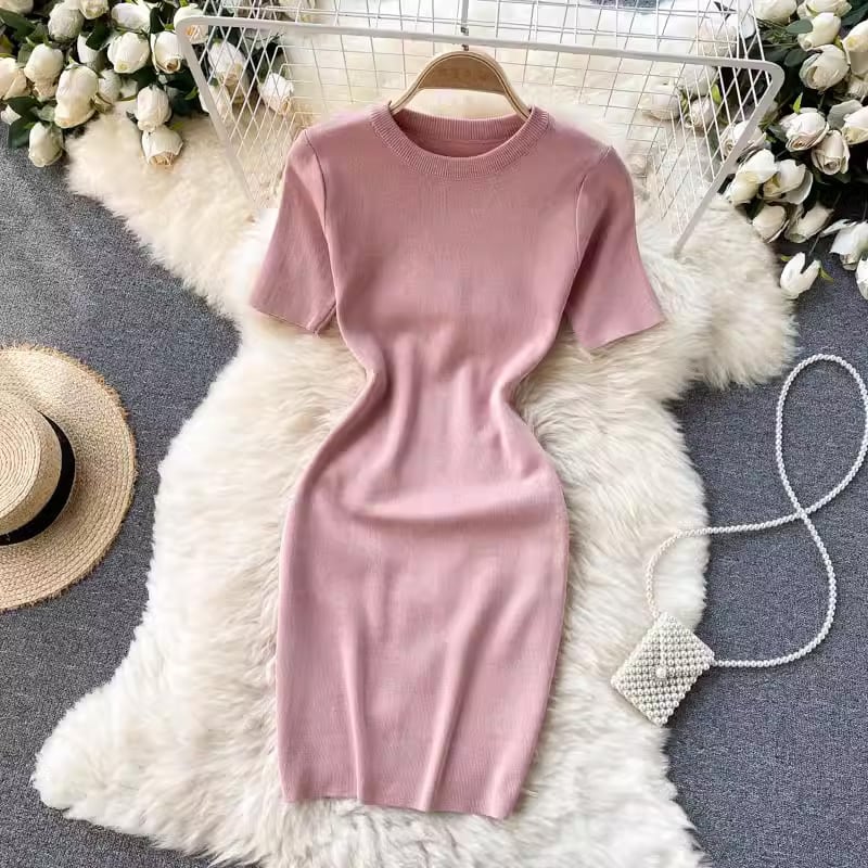 【dress】半袖体型カバーニットワンピースF7525