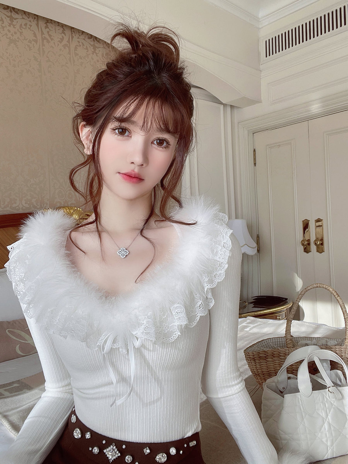 【tops】ファーレースドッキングニットトップス　N3355