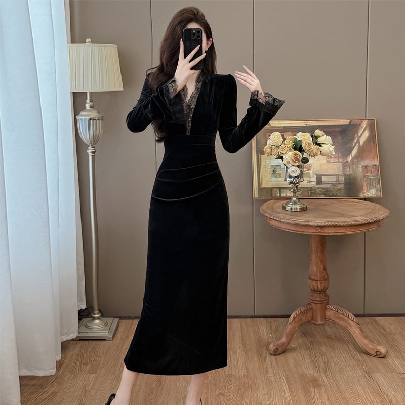 【dress】レースドッキングベルベットワンピース Q7496
