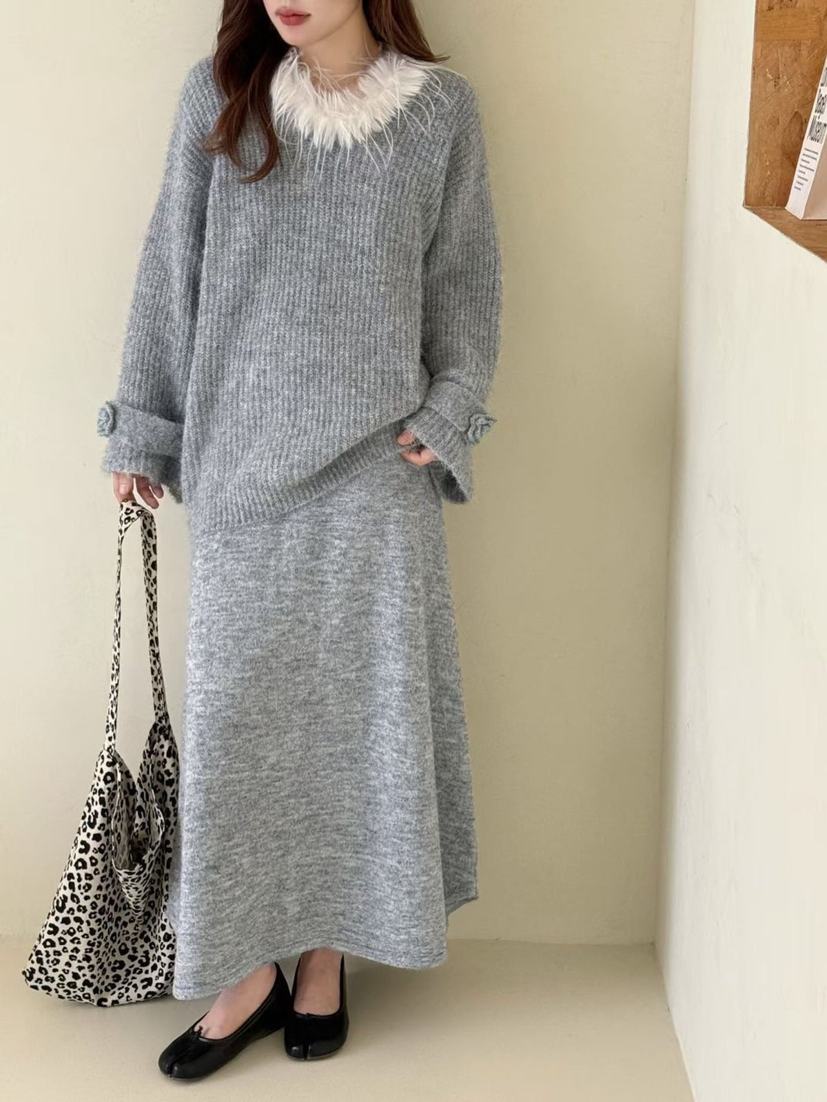 【set】ファーネックニットトップス×ロングスカートセット Q6956