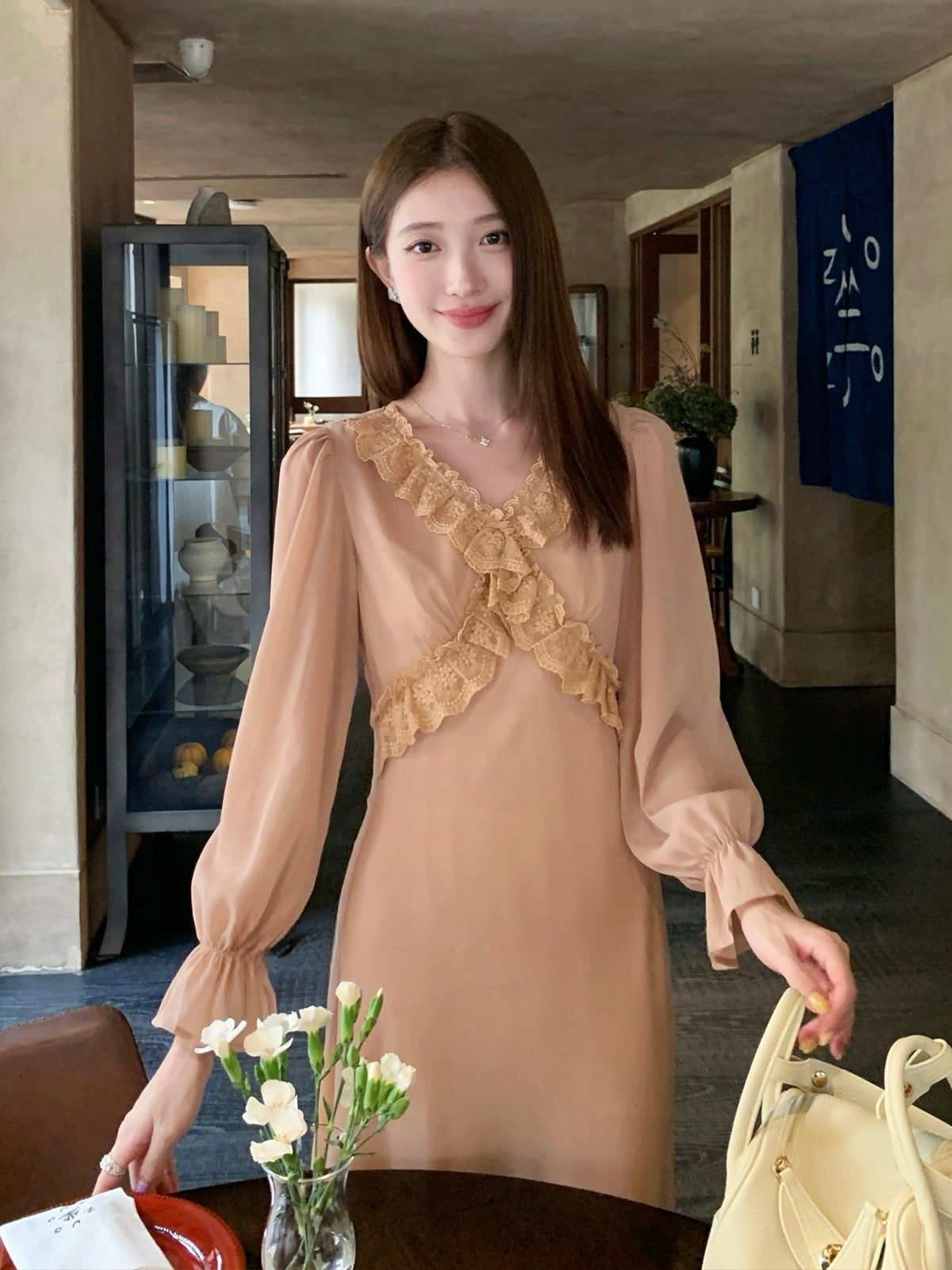 【dress】ギャザーフリルロングワンピース Q8933