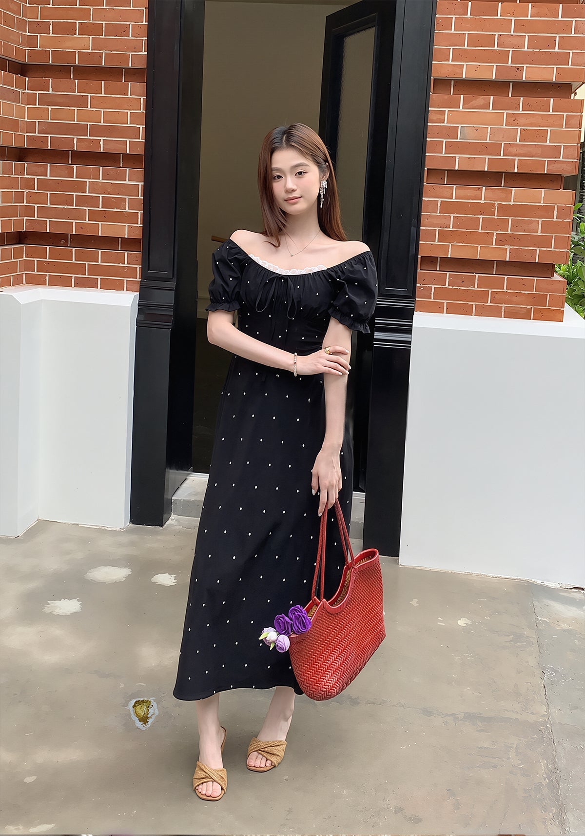 【dress】ドット柄レースドッキングロングワンピース Q8754
