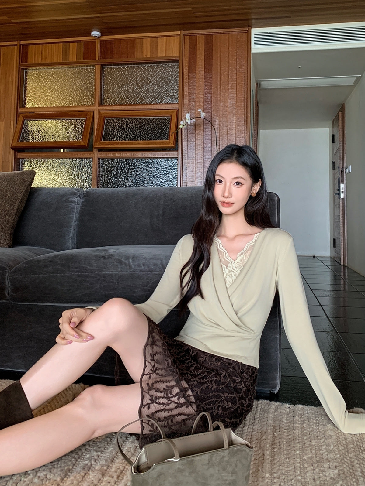 【tops】レースドッキングクロスネックトップス Q8923