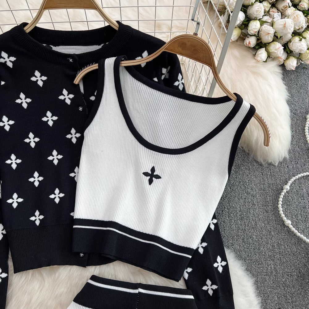 【set】長袖カーディガン＋タンクトップ+ガウチョパンツニット3点セットF7986