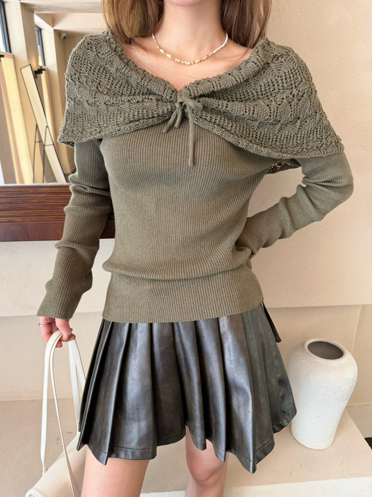 【tops】フェイクレイヤードニットトップス Q8937