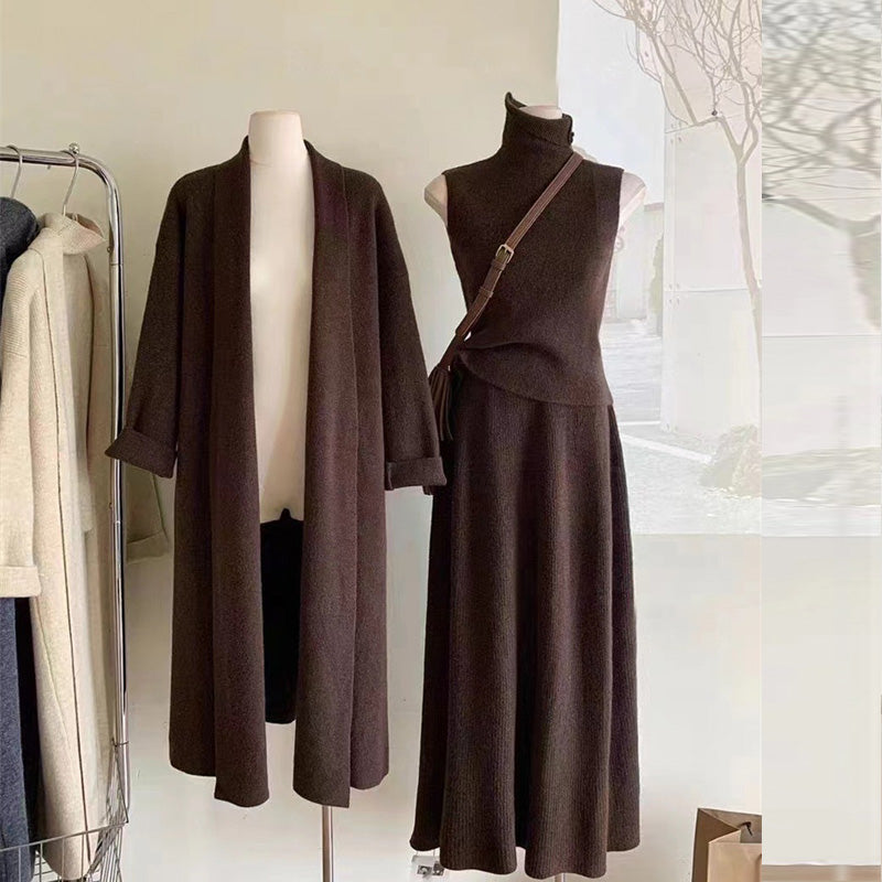 【set】ロング丈長袖カーディガン＋タンクトップ+スカートニット3点セットF8364