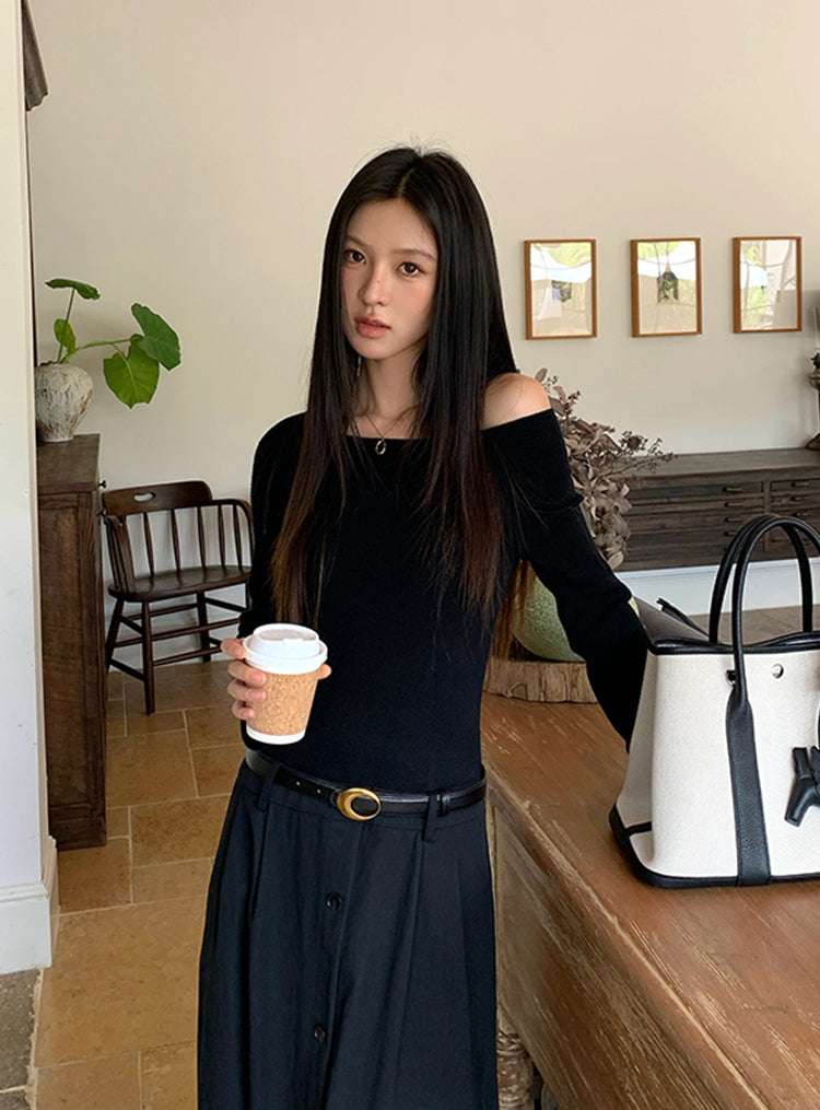 【dress】ベルト付きニットドッキングロングワンピース Q8926