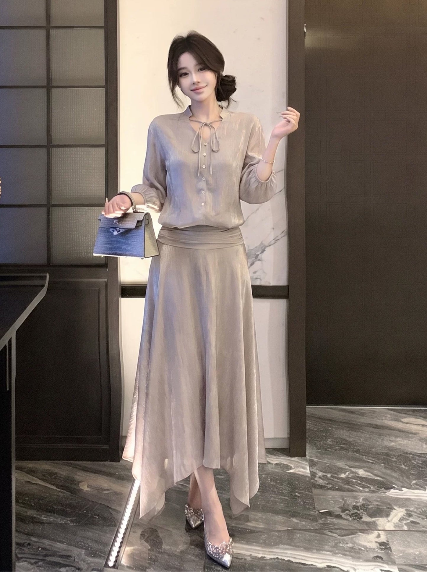【dress】七分袖リボン付きワンピース Q8917