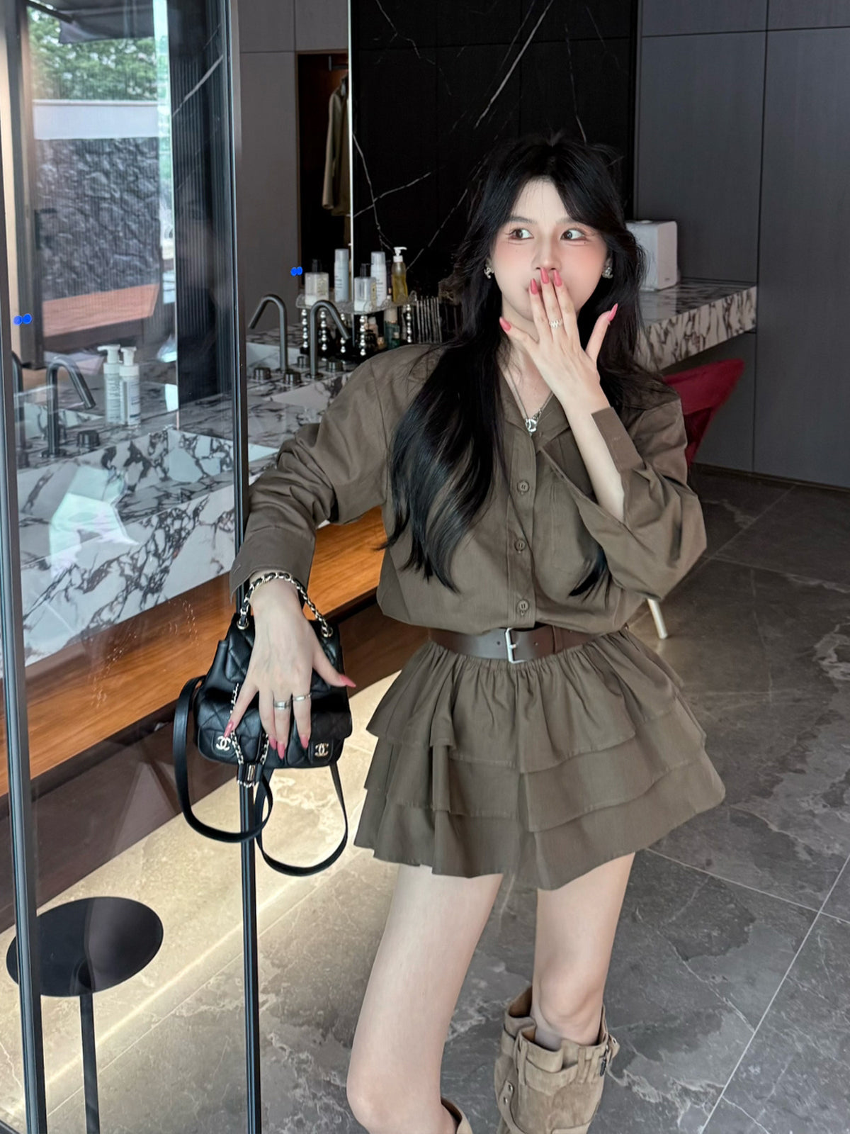 【dress】ベルト付きティアードシャツワンピース Q9045