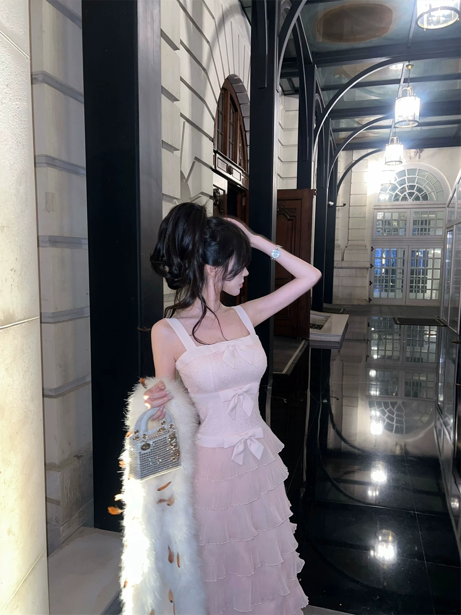 【dress】リボン付きティアードキャミワンピース Q7679