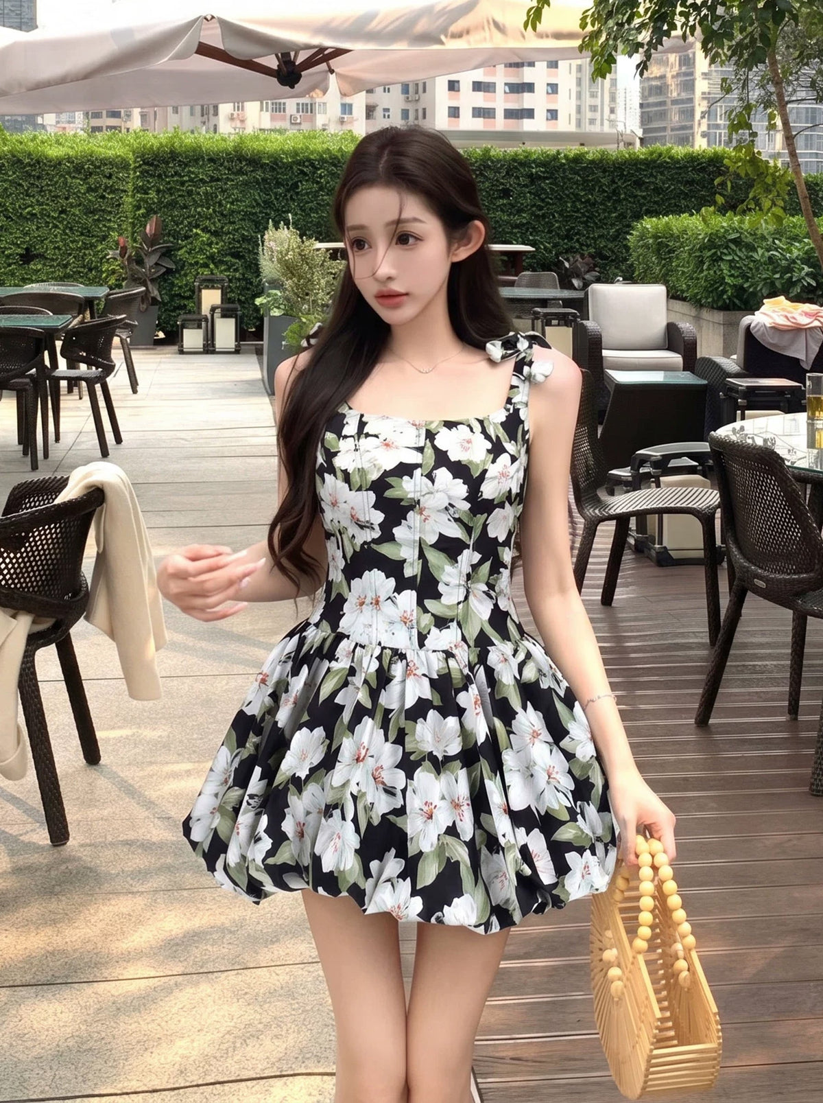 【dress】フラワー柄バルーンワンピース Q8915