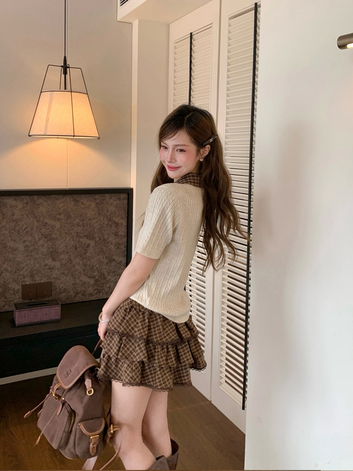 【tops】チェック柄ネックニットポロシャツ Q8947