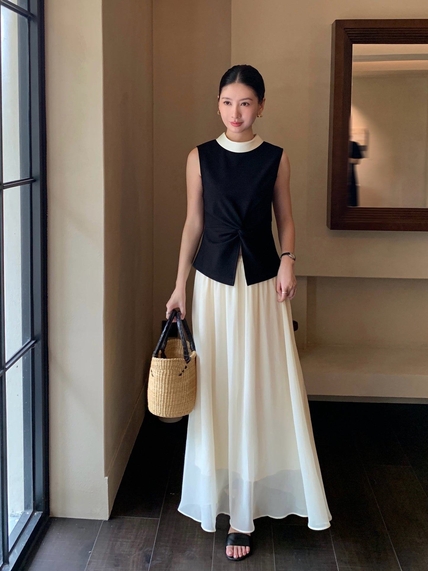【tops】ノースリーブ配色トップス Q8748