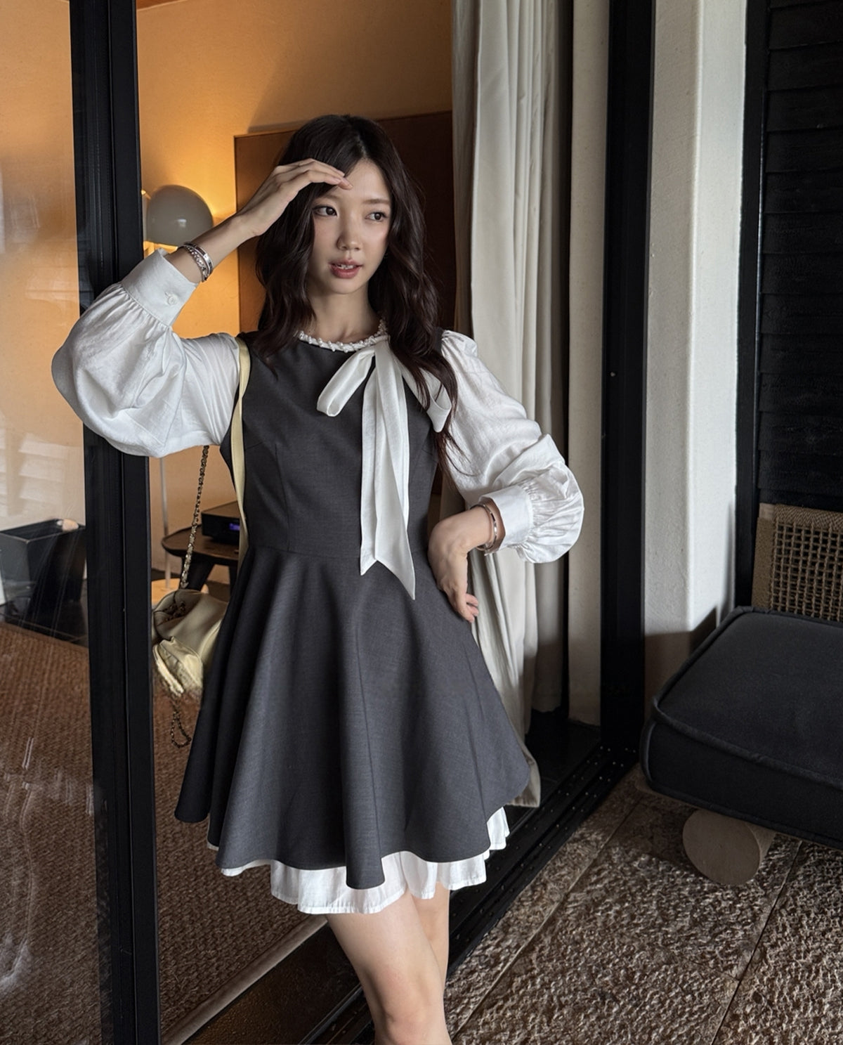 【dress】リボン付きフェイクレイヤードワンピース Q8928