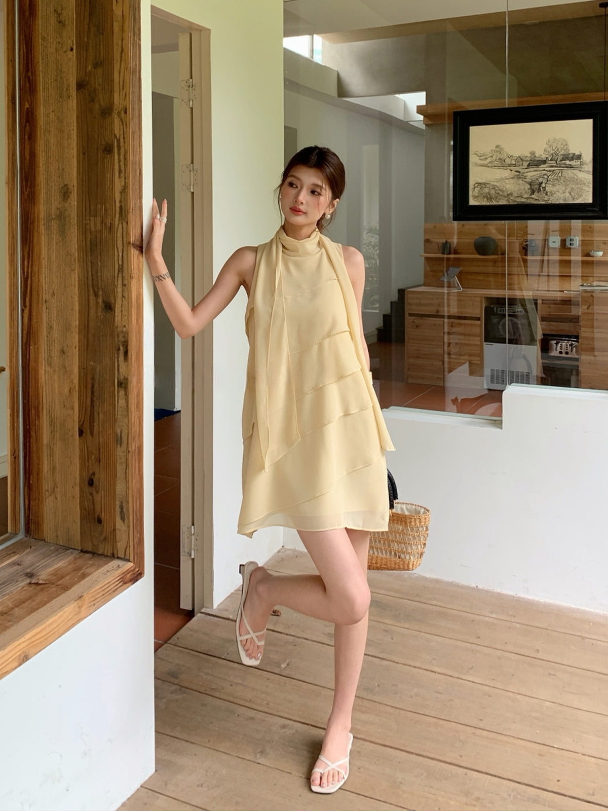 【dress】 スカーフネックシフォンティアードワンピース Q8882