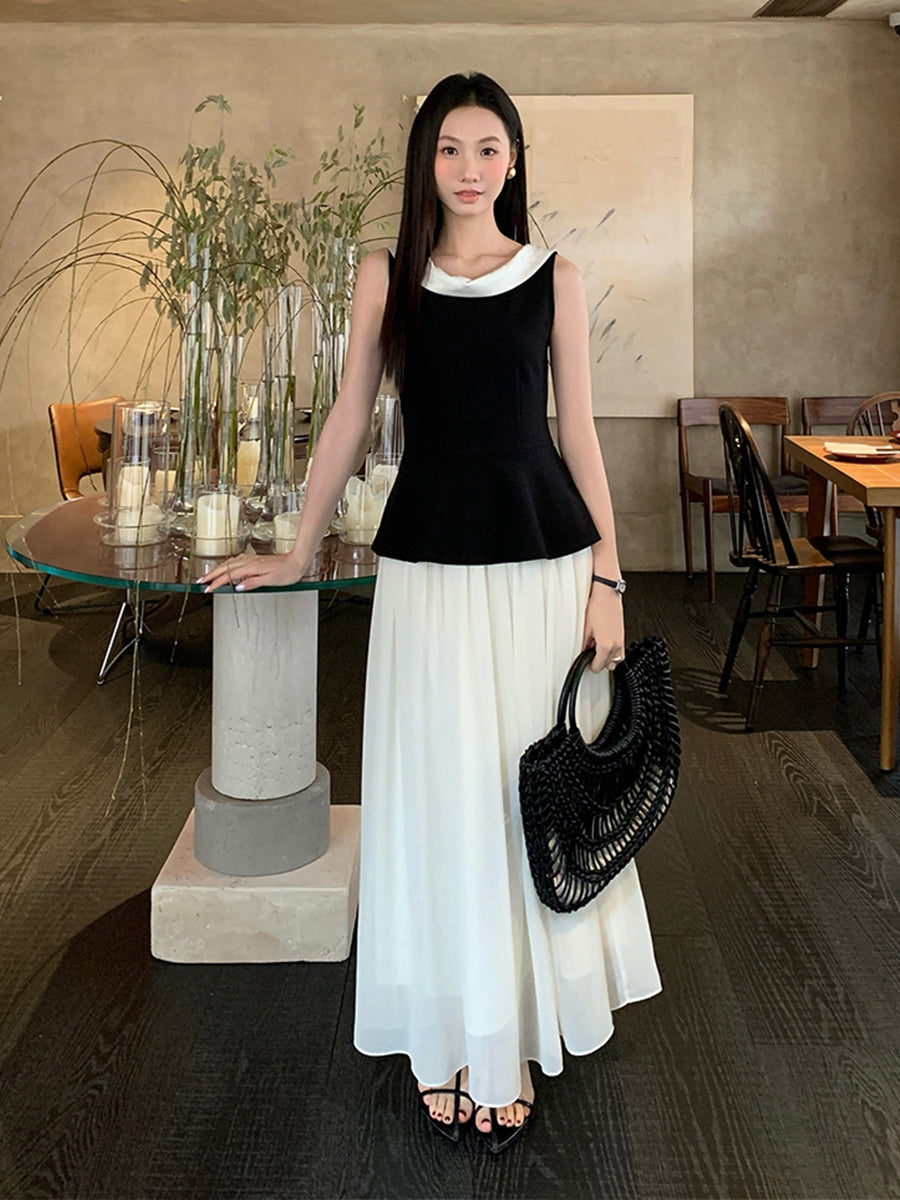 【dress】ノースリーブ配色ロングワンピース Q8749