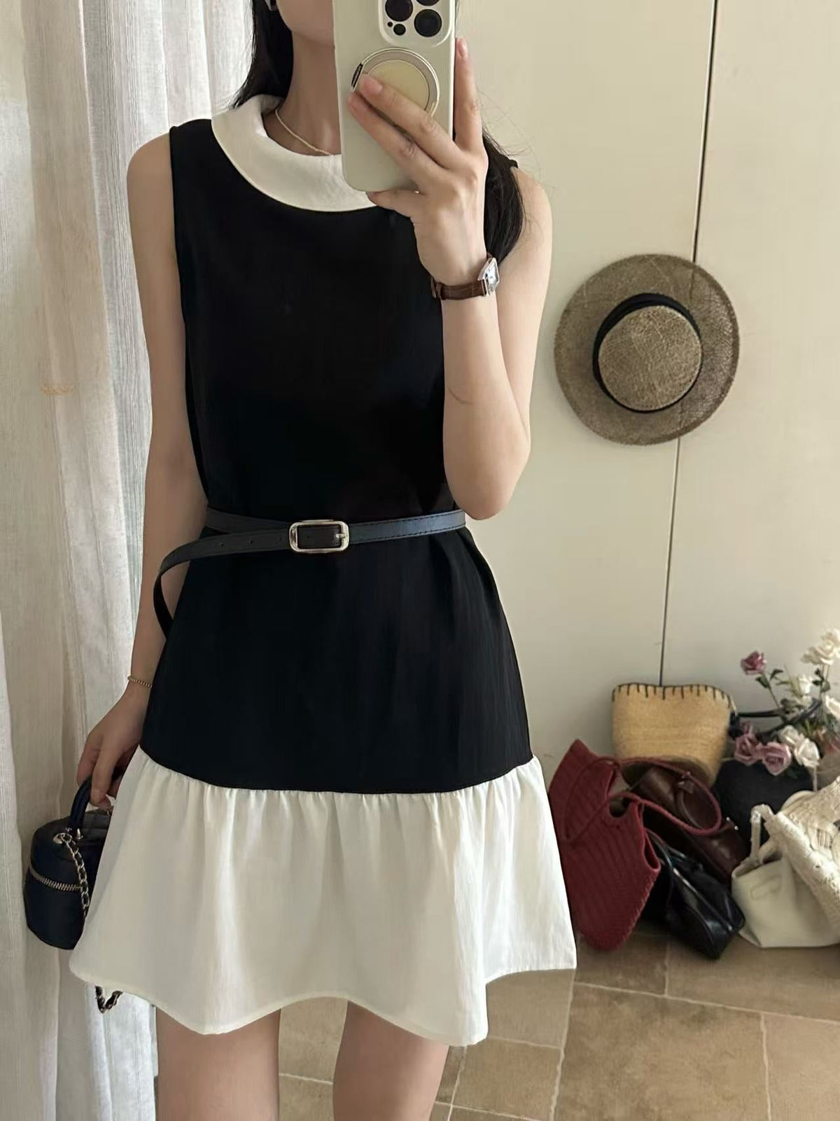 【dress】ノースリーブ襟付き配色ワンピース Q8712