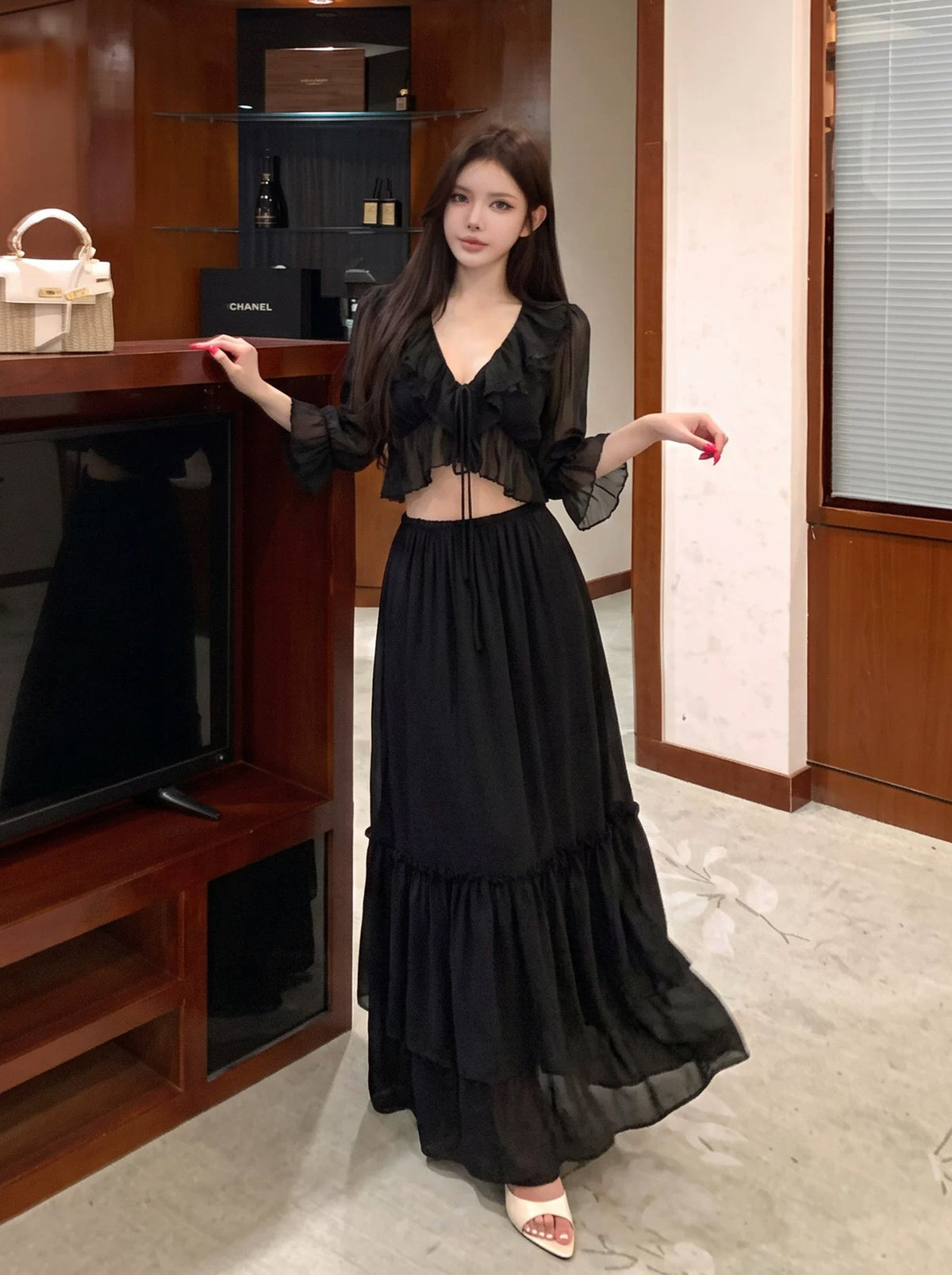 【set】ギャザーフリルトップス×ロングスカートセット Q8890