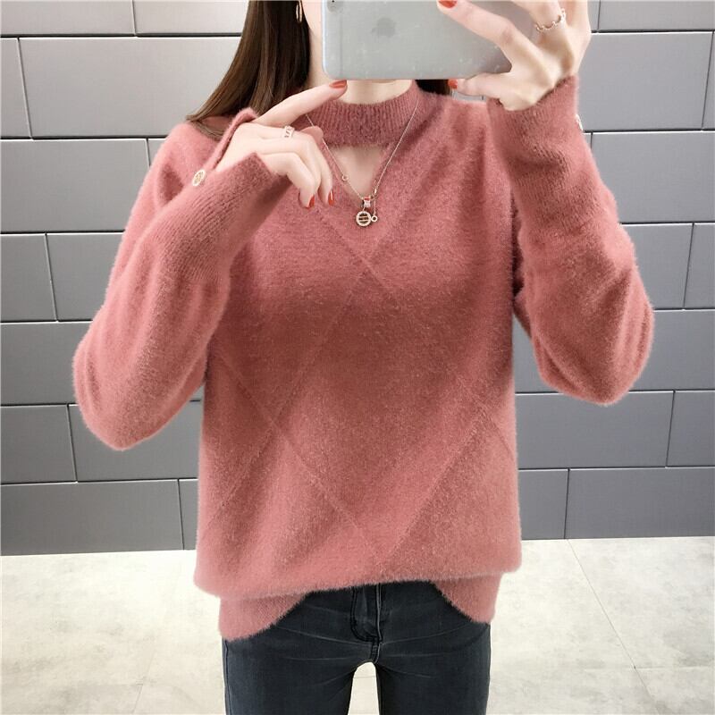 【tops】選べる5色！ハーフネック長袖メッシュ切り替え無地お洒落韓国風ニットセーターF0861